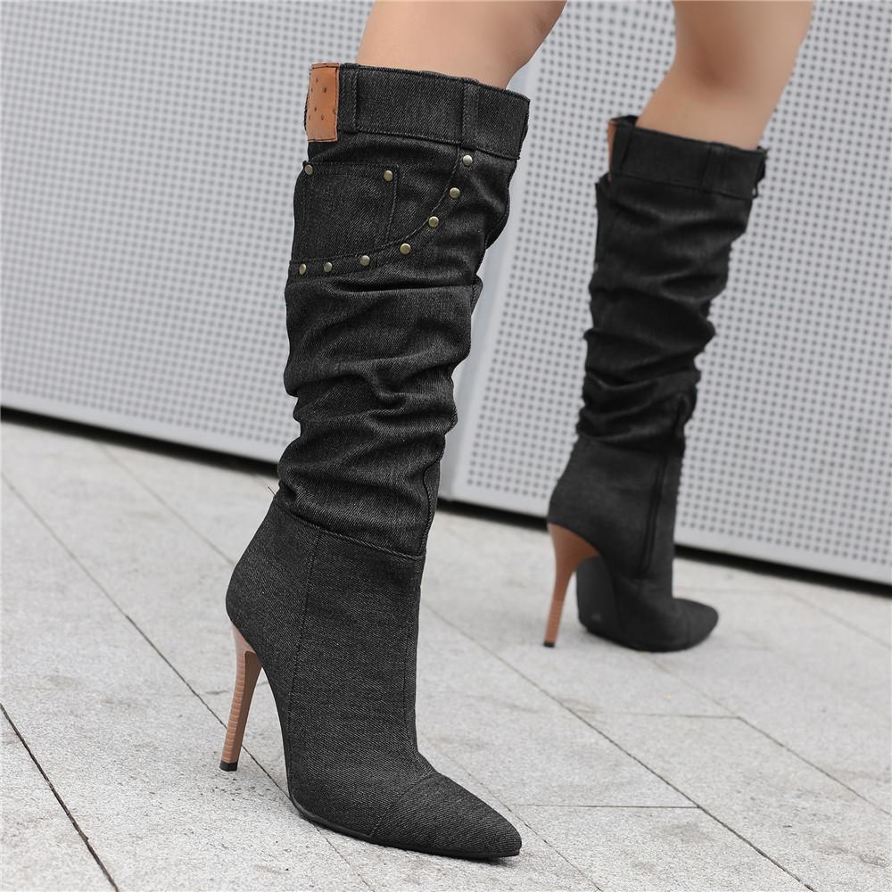 Fashion Women's Autumn and Winter New Pleated High-heeled Short Boots Pointed Zip Knee-length Boots Women's 34-50 Large Mid Length Boots