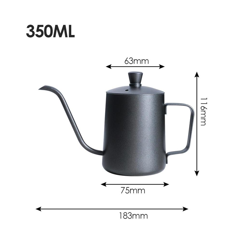 FUN COFFEE Coffee Kettle, 350ml, Stovetop Coffee Pot, Drip Kettle, Narrow Spout, with Lid, Stainless Steel, Camping, Black (co-0012-3)