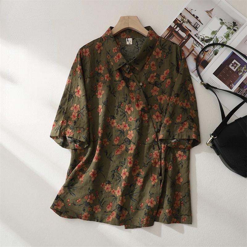 

DIMANAF 2023 Летние женские льняные футболки больших размеров с цветочным принтом, свободные повседневные винтажные топы и футболки M дубильная кора