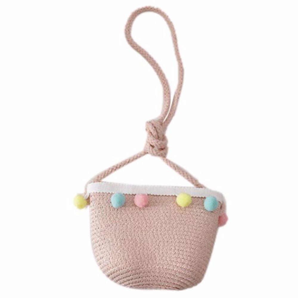 Kids Girls Pompom Ball Colorful Summer Hat Sun Protection Straw Woven Beach Hat Handbag Bucket Cap