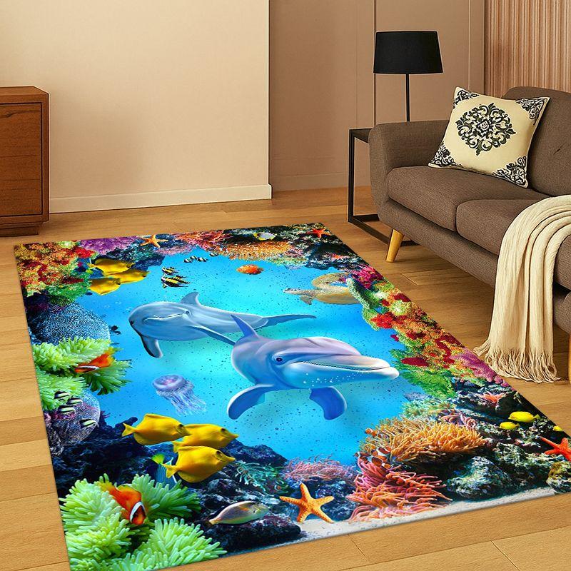 3D Illusion Underwater World Marine Life Shark Dolphin Cartoon Carpet Rug for Bedroom Living Room Sofa Doormat Kids Non-slip