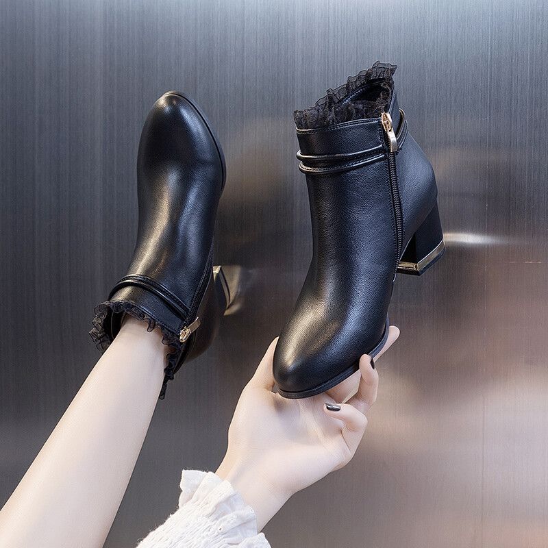 Mode Herbst Winter Elegant mit Mittelhohen Absätzen Weibliche Kurze Schuhe Leder Wasserdicht Runde Zehenpartie Damen Stiefeletten Ausverkauf Neu in Stiefeletten