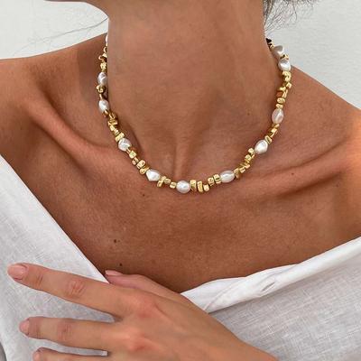 PuRui Trendy Gold Color Plastic Beads Creative Necklace for Women Retro Imitation Zircon Banquet Aesthetic Zircon Accessories