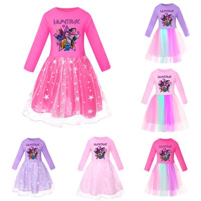 Girls' Star-Print Skirt Round-Neck Long-Sleeve Colorful Lace Patchwork Dress