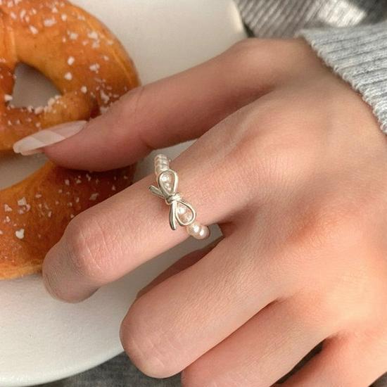 Elegant Handmade Beaded Elastic Pearl Bow Ring for Women - Trendy Index Finger Accessory