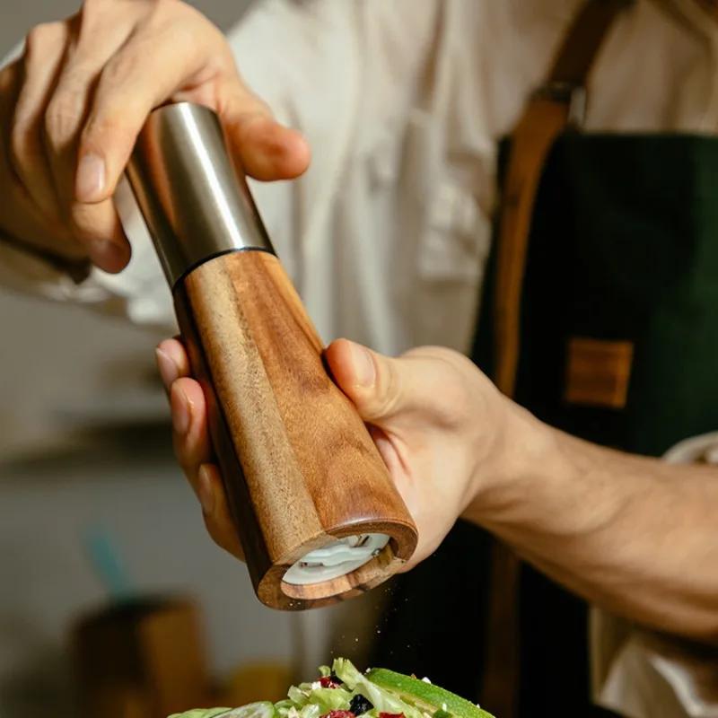 Pepper Coarse Salt Grinder Metallic Acacia Wood Kitchen Seasoning Jar Pepper Mill Set Spice Jar Salt Shaker Kitchen Supplies