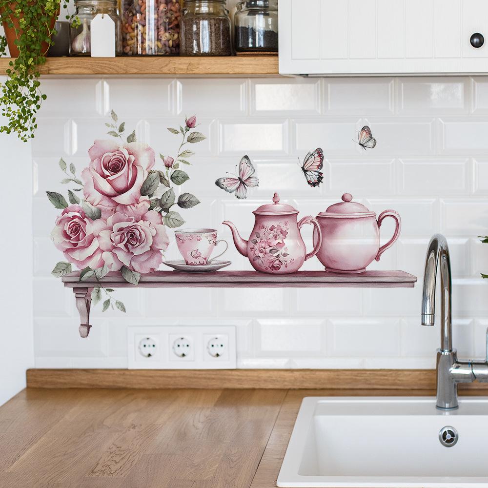 Watercolour Roses Tea Set Background Landscaping Decorative Wall Stickers