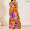 Women Plus Size Scoop Neck Sleeveless Orange Purple Floral Printed A Line Long Dress