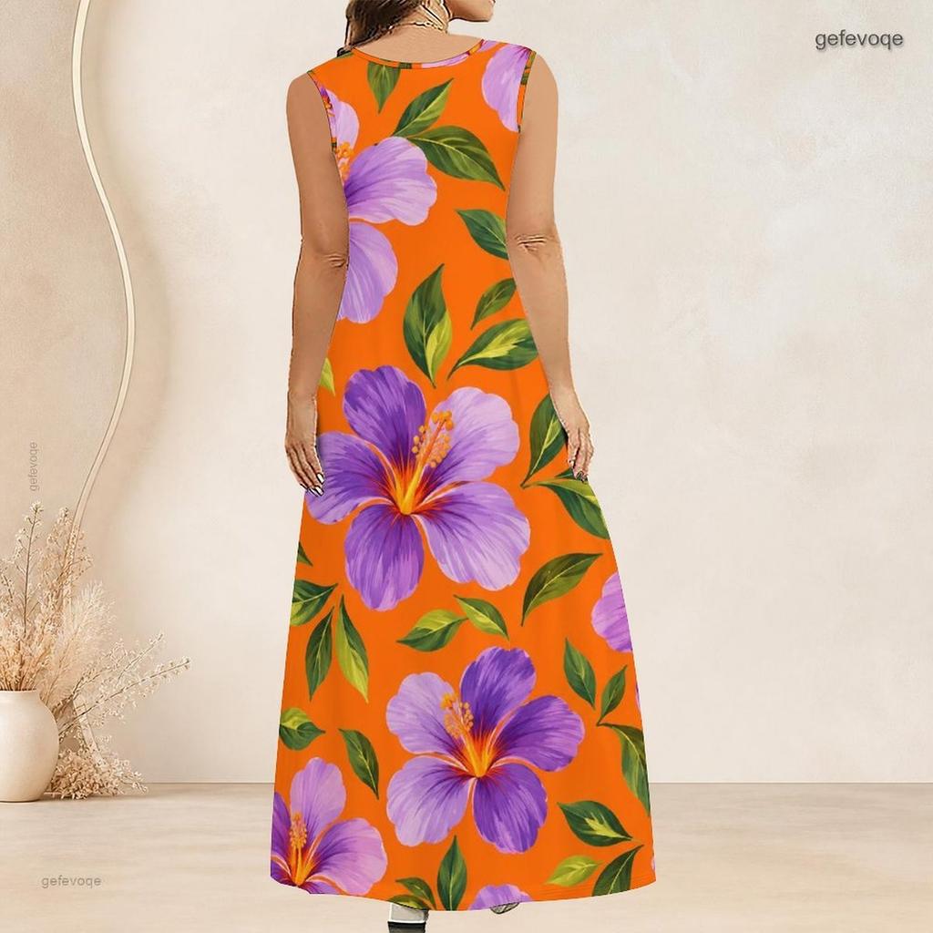 Women Plus Size Scoop Neck Sleeveless Orange Purple Floral Printed A Line Long Dress