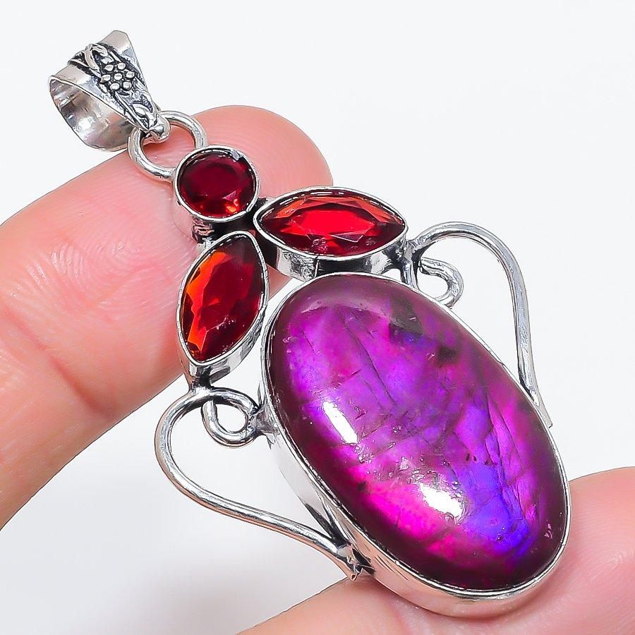 

Natural Pink Labradorite, Garnet 925 Sterling Silver Jewelry Pendant 2.29 K4n56