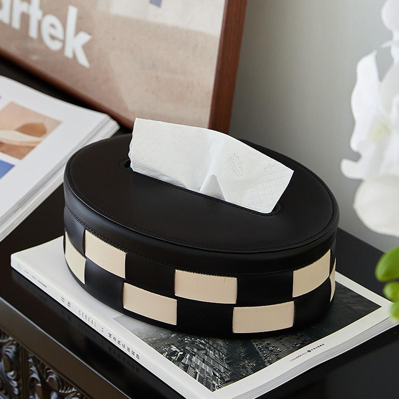 Luxurious Leather Checkerboard Tissue Box Storage Box, Dining Table Retro Paper Box, Living Room Decoration