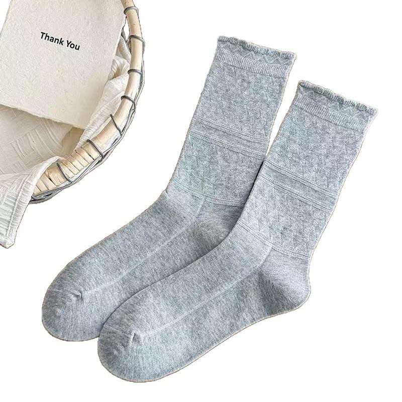 Spring and Summer Lightweight College Style Gathered Socks with Lace Edges - Versatile and Retro Striped Mid-Calf Women's Socks