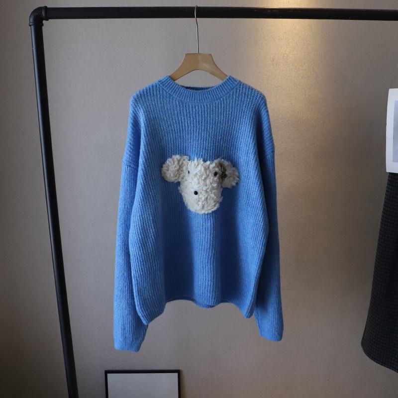 

2024 Зимний корейский стиль милый щенок круглый вырез свободный свитер для женщин One Size синий