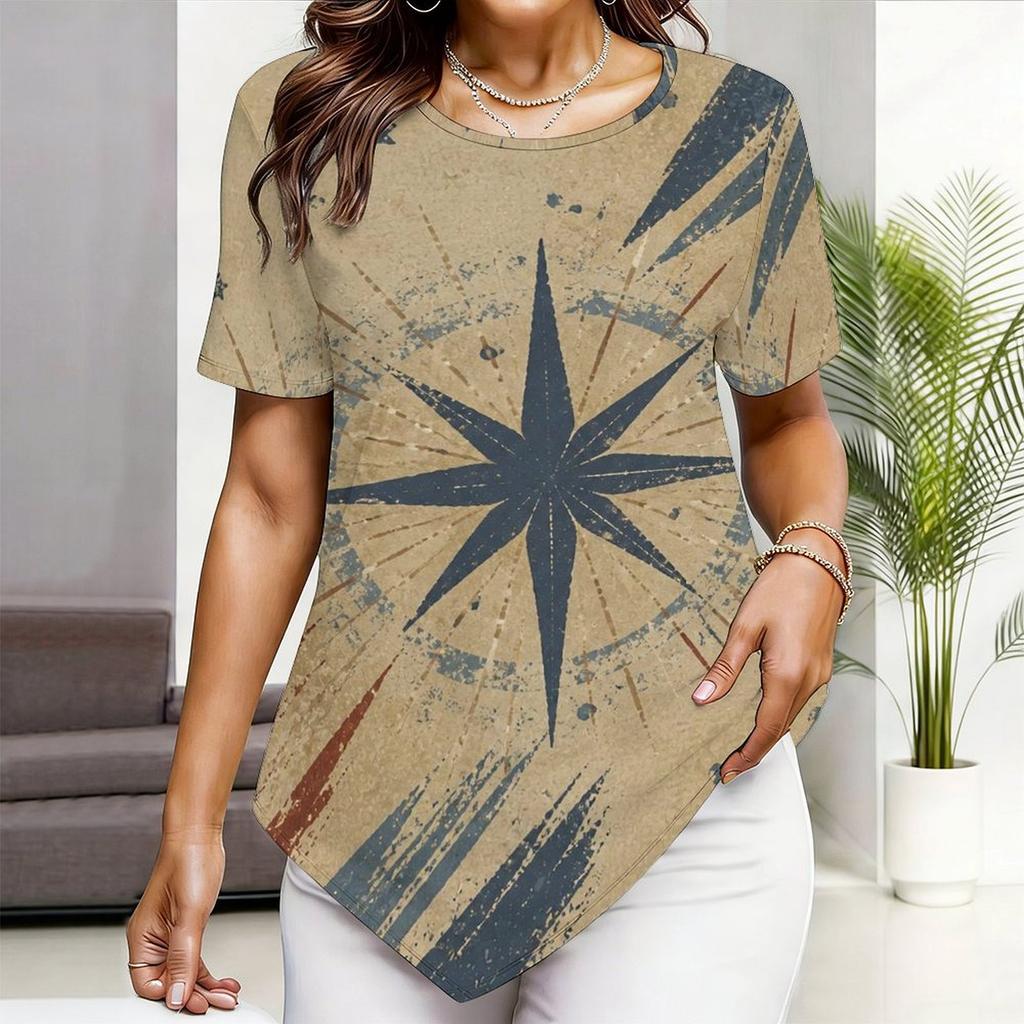 Women Plus Size Short Sleeve Asymmetric Hem Top Pink Crystal Heart Gem Glitter Print Blouse