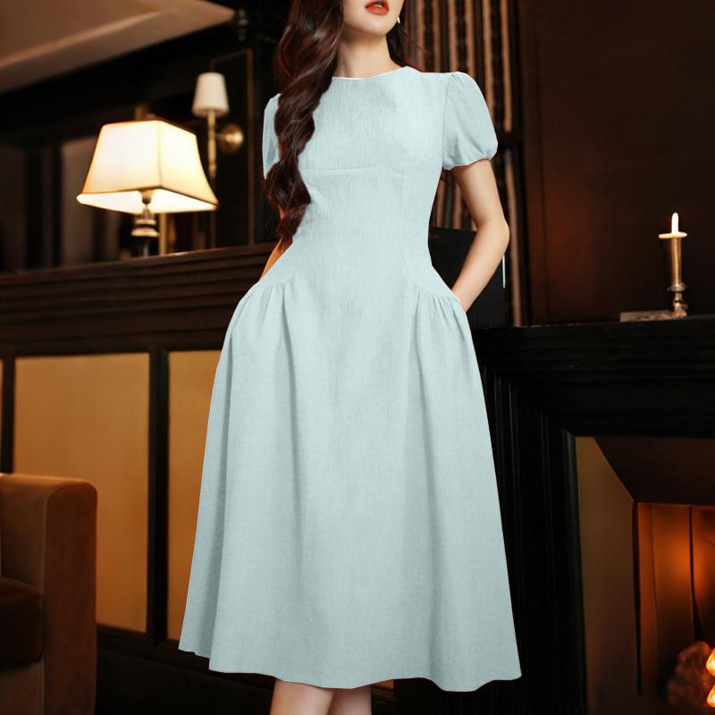 ZANZEA Women Casual Round Neck Puff Short Sleeve Loose Summer Dress M синий