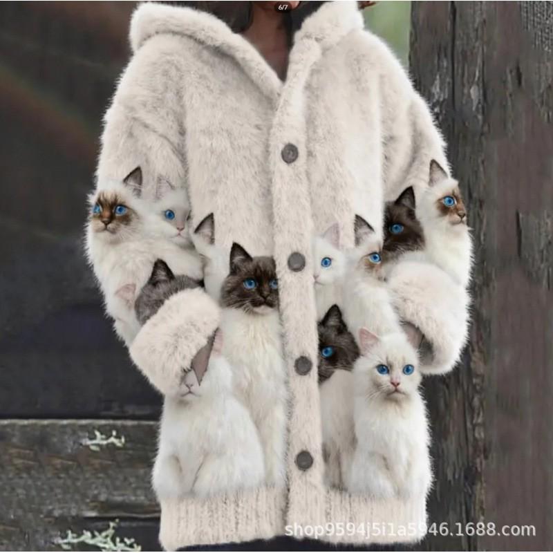 Womens 3D Cat Print Hooded Cardigan Sweater Coat Long Sleeve Thick Casual Outerwear