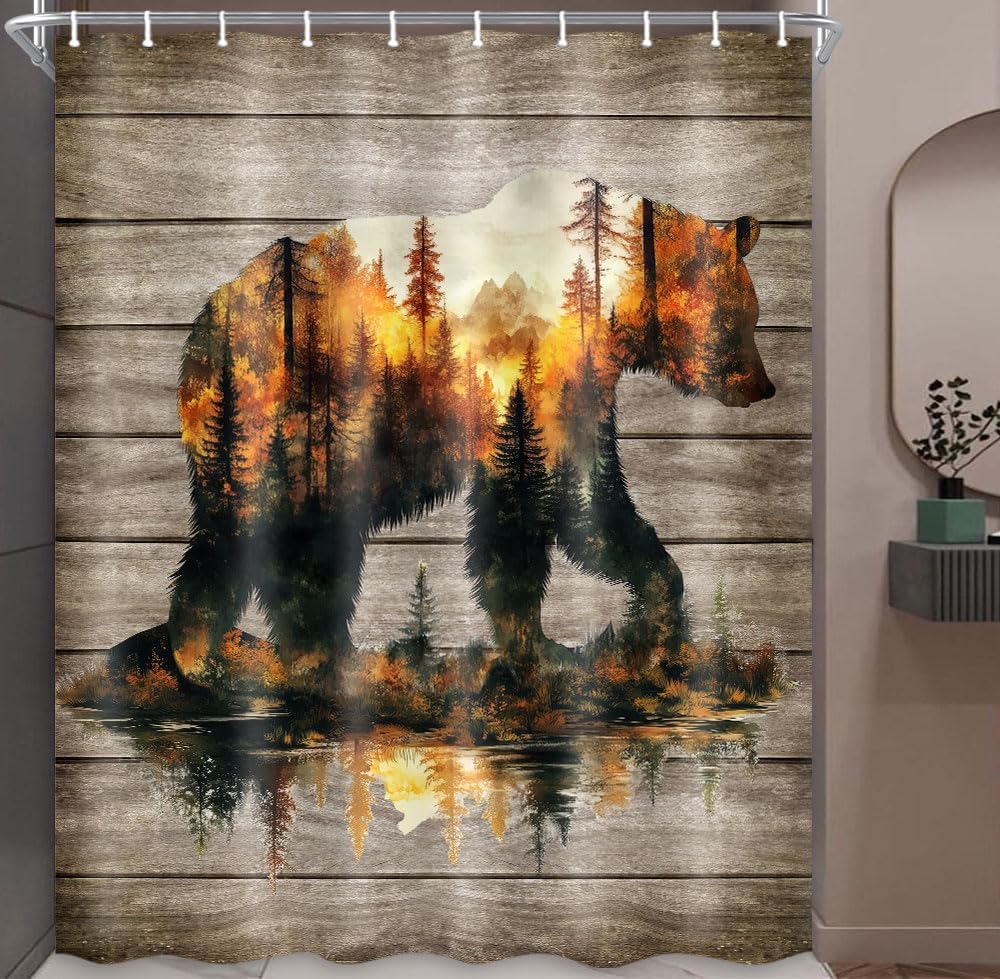 Rustic Bear Shower Curtain Country Wild Animals Forest Plank Background Mountain Woodland Nature Retro Bathroom Decor Gift
