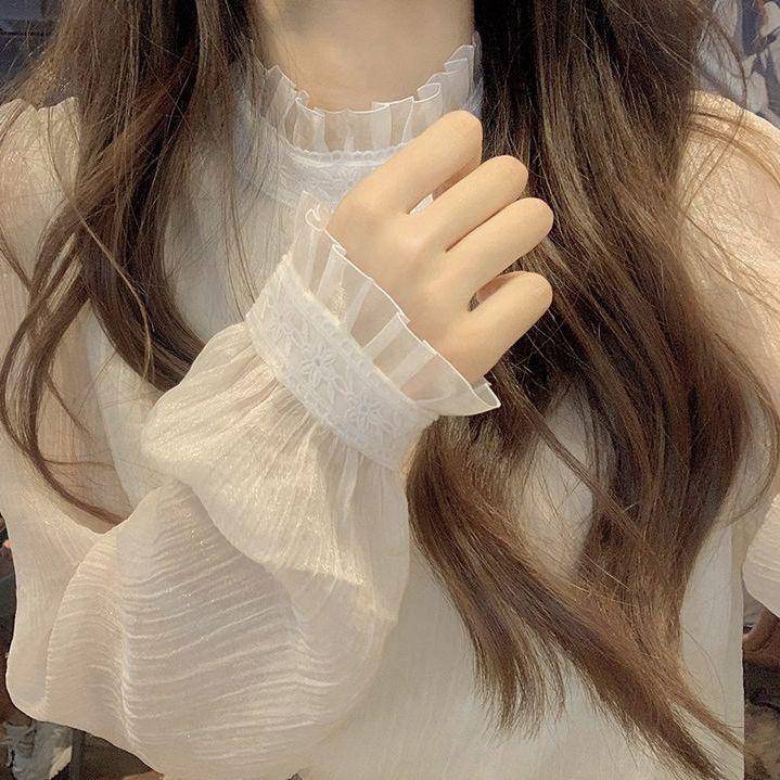 

Топ из шифона с высококачественной сетчатой кружевной отделкой, роскошная блузка, нижнее белье, тонкий мягкий кружевной базовый слой, женская верхняя одежда, весна 2XL