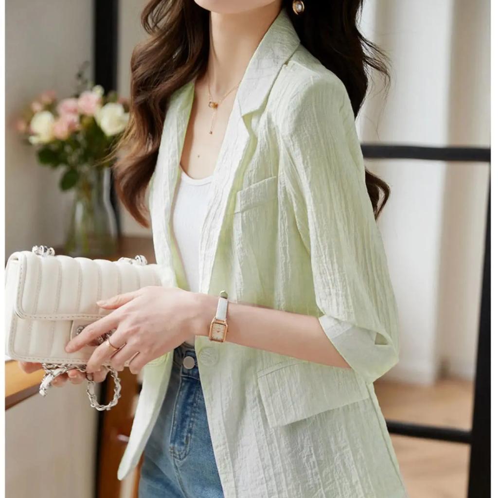 Blazer din șifon cu mâneci cinci minute de culoare uni pentru femei, jachetă de bluză cu secțiune subțire, ocazională, de vară