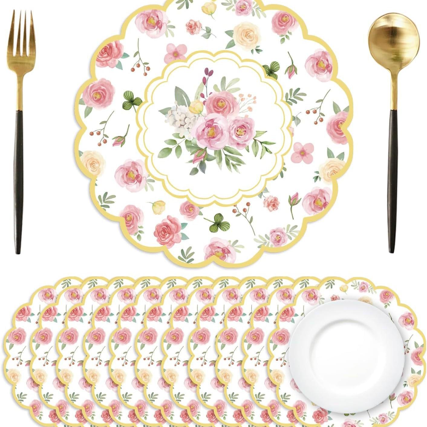 Pink Watercolor Rose Flower Disposable Placemat for Table Decoration 33cm