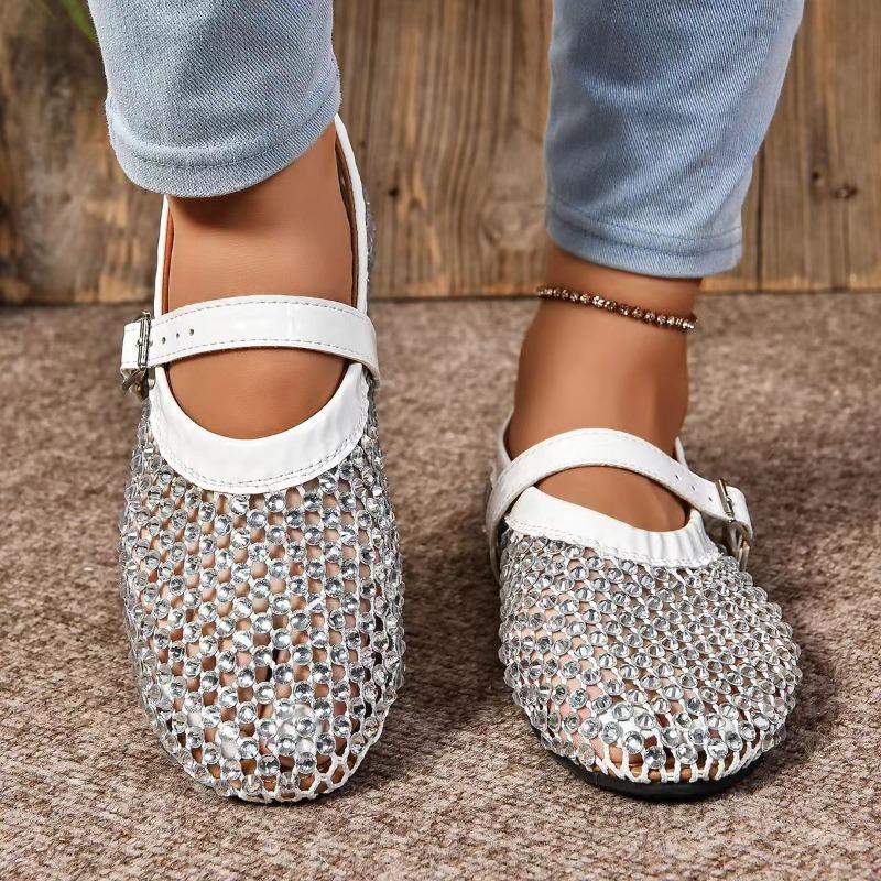Fashion Women's Rhine-diamond Mesh Breathable Mary Jane Single Shoes Autumn New Soft Sole Non-slip Flat Shoes