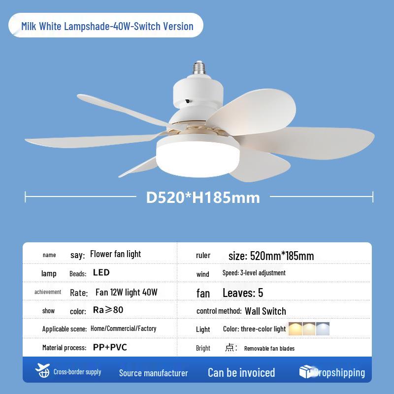 Ferngesteuerte LED-Blumen-Ventilatorleuchte mit E27-Sockel und stufenloser Dimmung für Zuhause
