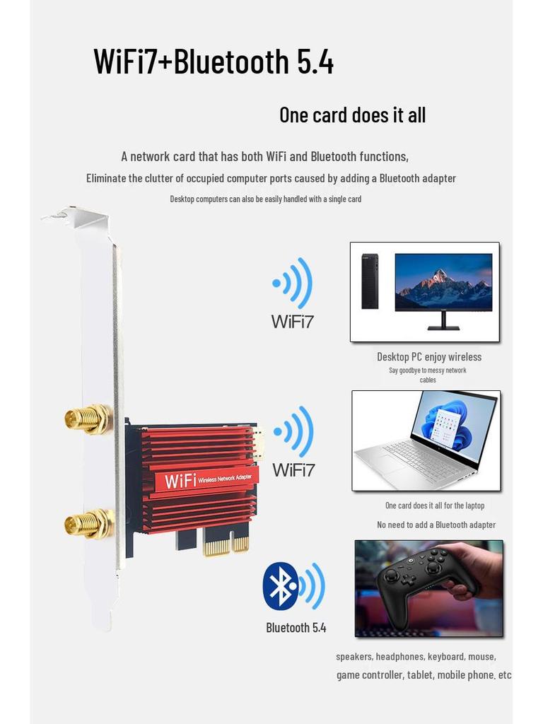 RTL8922 Dual-Band Wireless Network Card with PCIe & Bluetooth 5.4, 2.4G/5G/6G, WIFI7 Receiver for Desktops