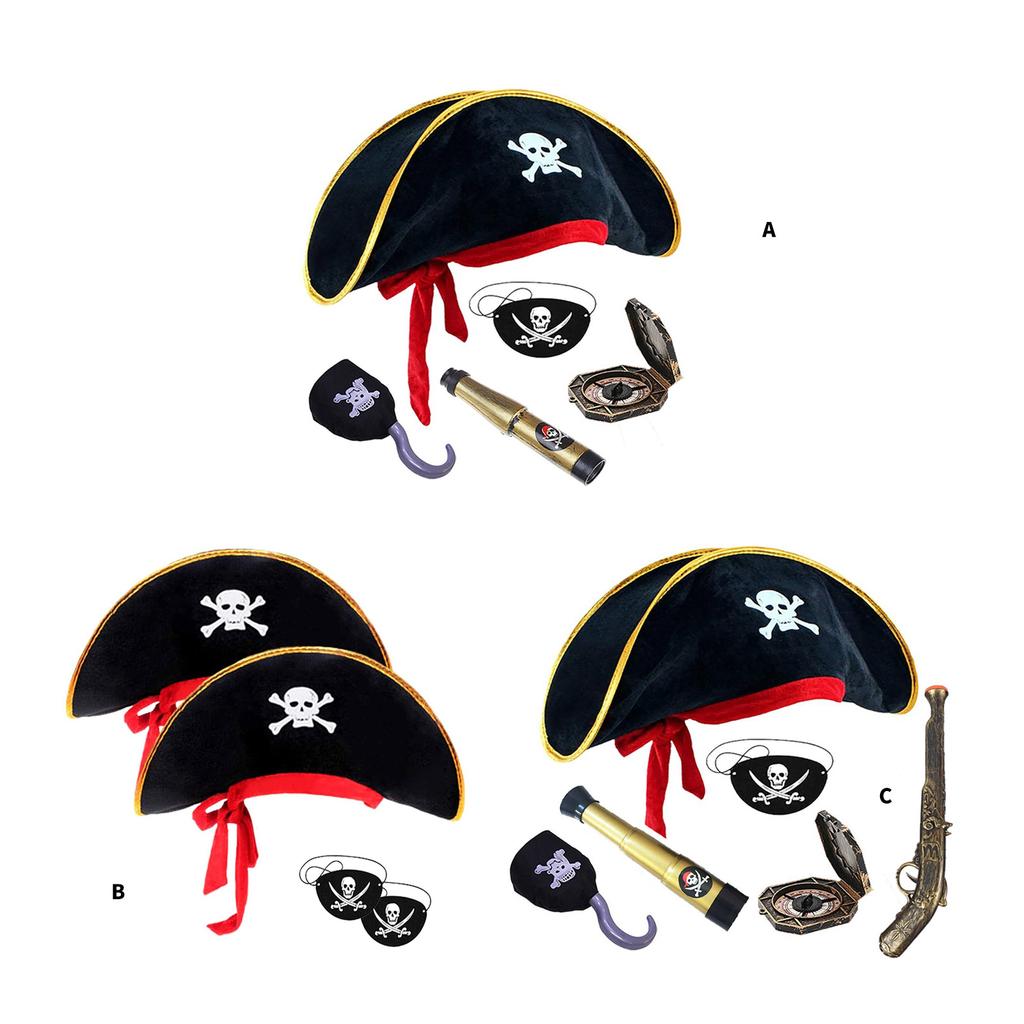 Piratfest Kostymset med Teleskop Kompass Dödskallemönstrad Hatt Karta för Barn Cosplay Smycken Halloween Tema Tillbehör
