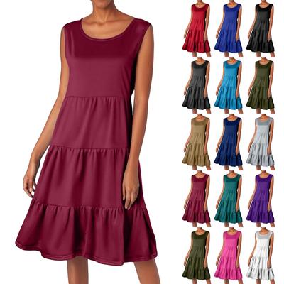 Women's Bohemian Round Neck Ruffle Solid Color Summer Casual Dresses