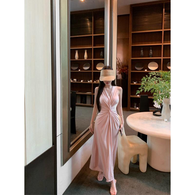 French celebrity style pink sleeveless dress women s summer temperament pleated v-neck waist slim-fitting hip-wrapped long skirt S