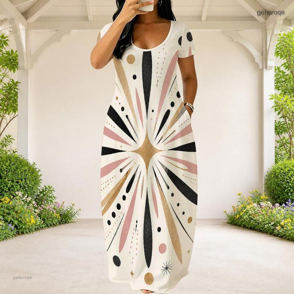 Women Plus Size Round Neck Short Sleeve White Printed Loose Maxi Dress With Side Pockets