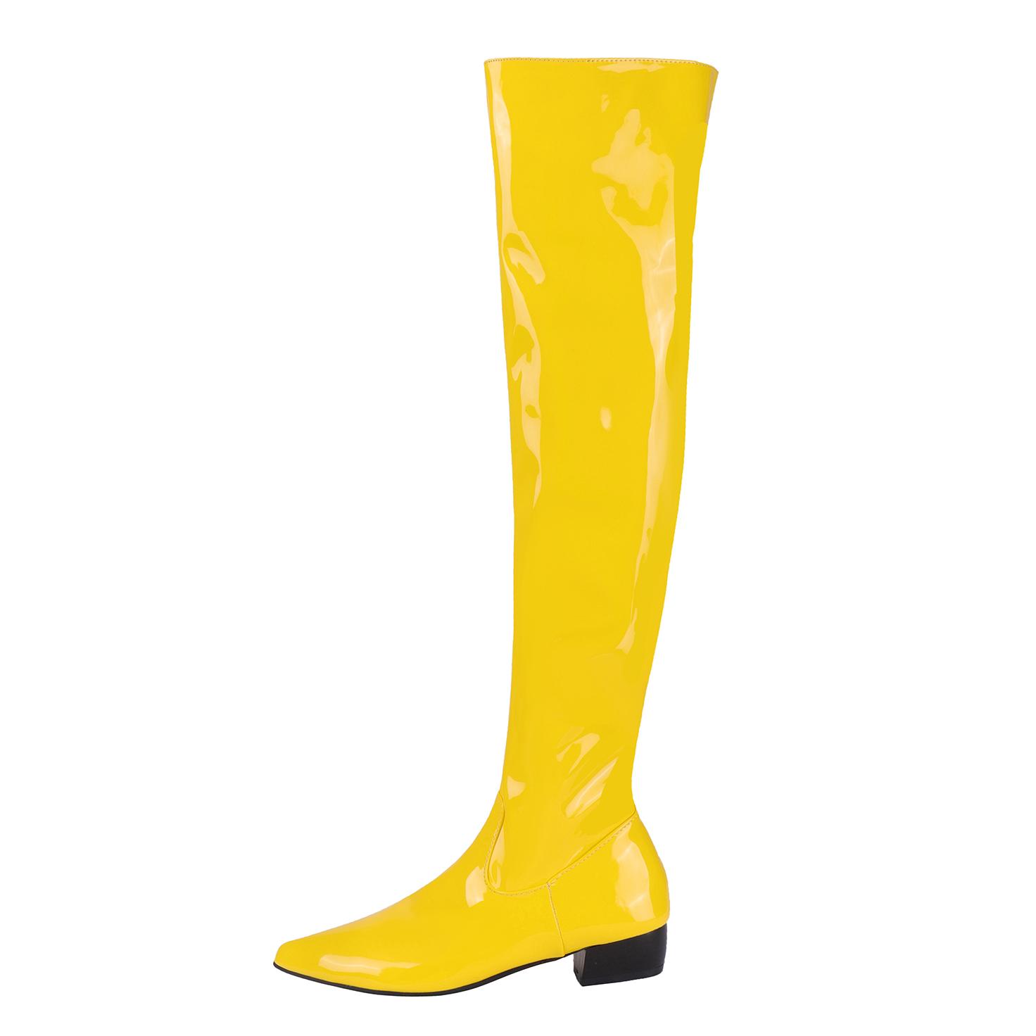 Женские ботфорты из лакированной кожи конфетных цветов оверсайз на среднем каблуке с острым носком и плюшевой подкладкой блестящие цветные длинные сапоги 34 жёлтый 7836₽