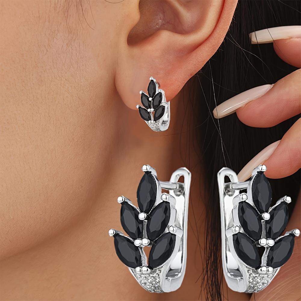 Black Awn Black Stone Leaf Shape Hoop Earrings for Women