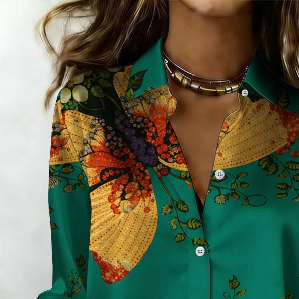The Lady's Long-sleeved Button-down Shirt Features a Green Butterfly Flower Design with Exquisite Insect Patterns, Making It Perfect for a Date.