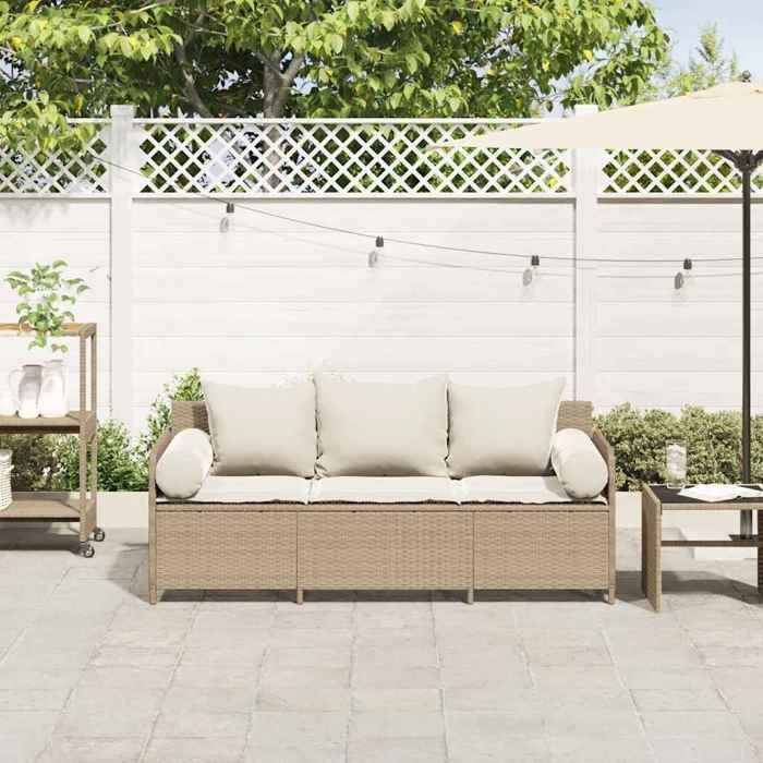 VidaXL Garden Sofa with Cushions 3-Seater Beige Wicker, Outdoor Sofa, Garden Furniture, Patio Furniture, 4104176