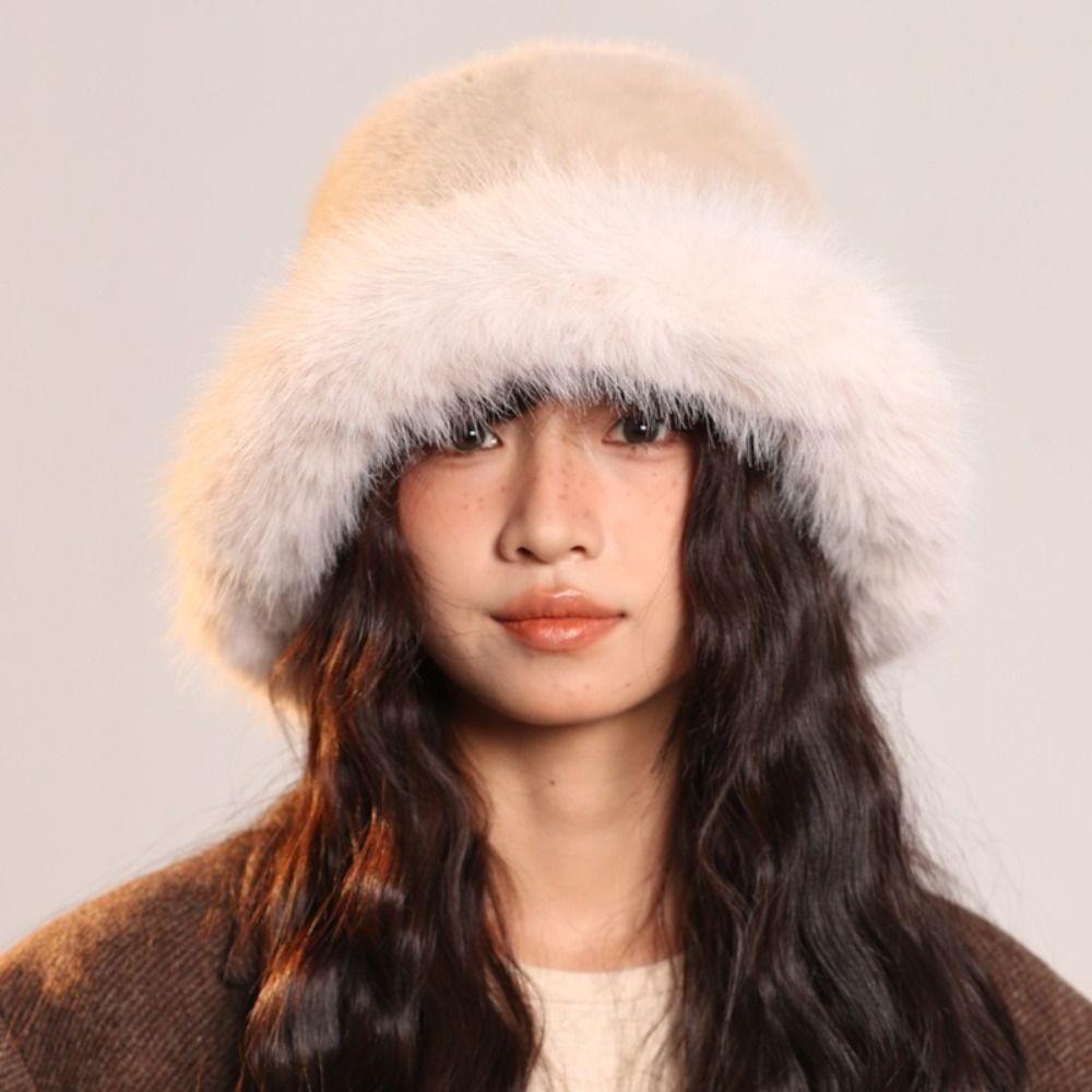 Warm Artificial Fur Hat Imitation Fur Winter Cap Elegant Plush Bucket Hat Streetwear