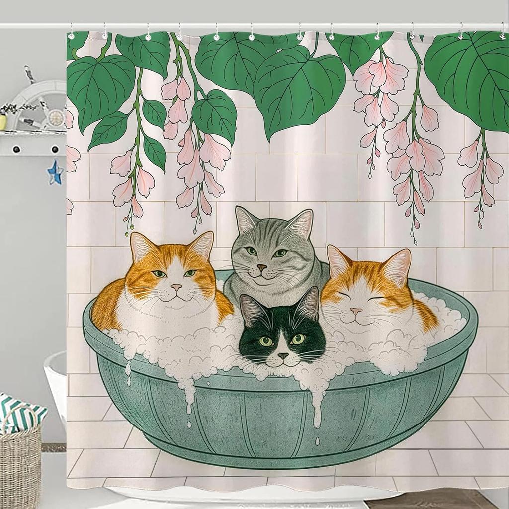 Adorable Cats Shower Curtain Set Cozy Plant Pot Design Waterproof Bathroom Shower Curtain Cute Feline Group Print Charming Home