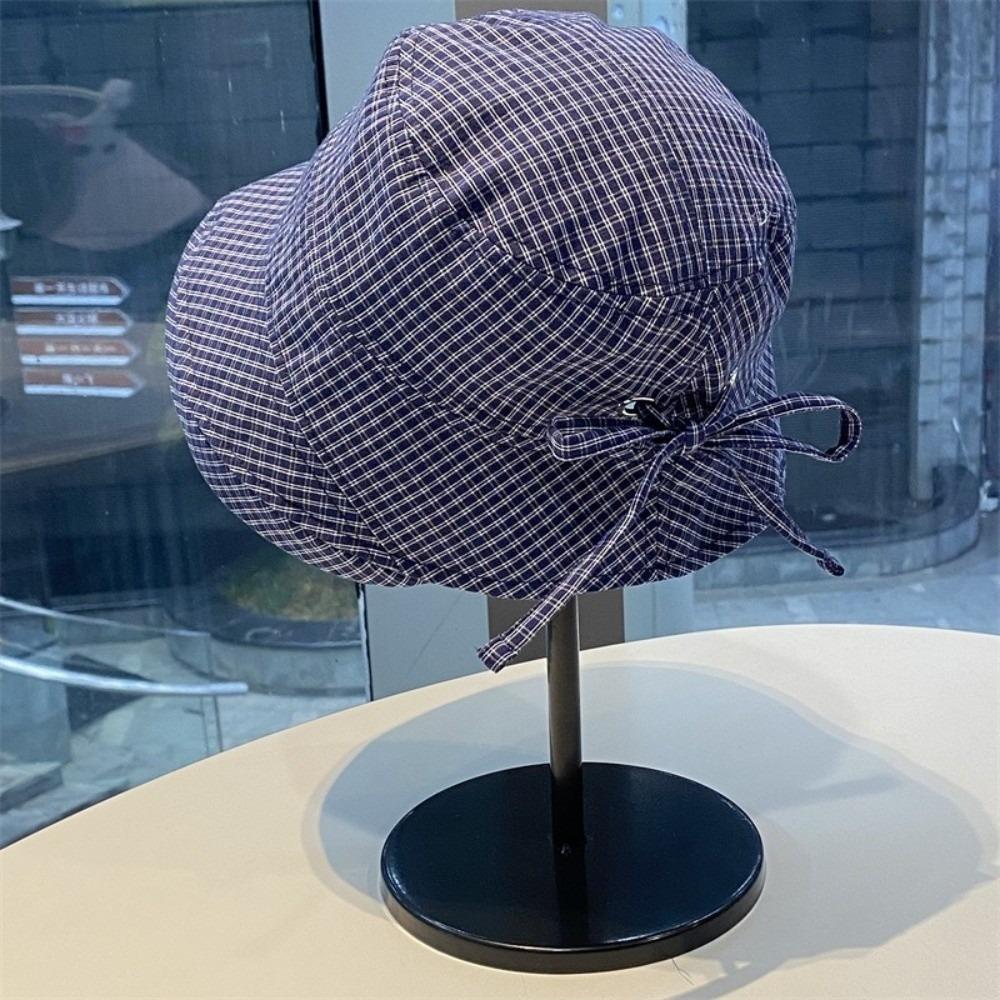 Curled Plaid Bucket Cap Quick-dry Fisherman Caps Ins Plaid Sun Hat  for Women