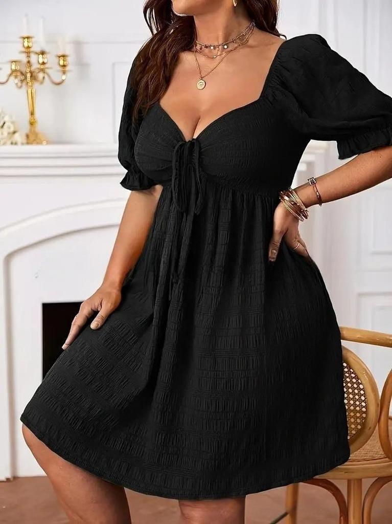 New, European and American summer fashion versatile lace-up V-neck short-sleeved dress