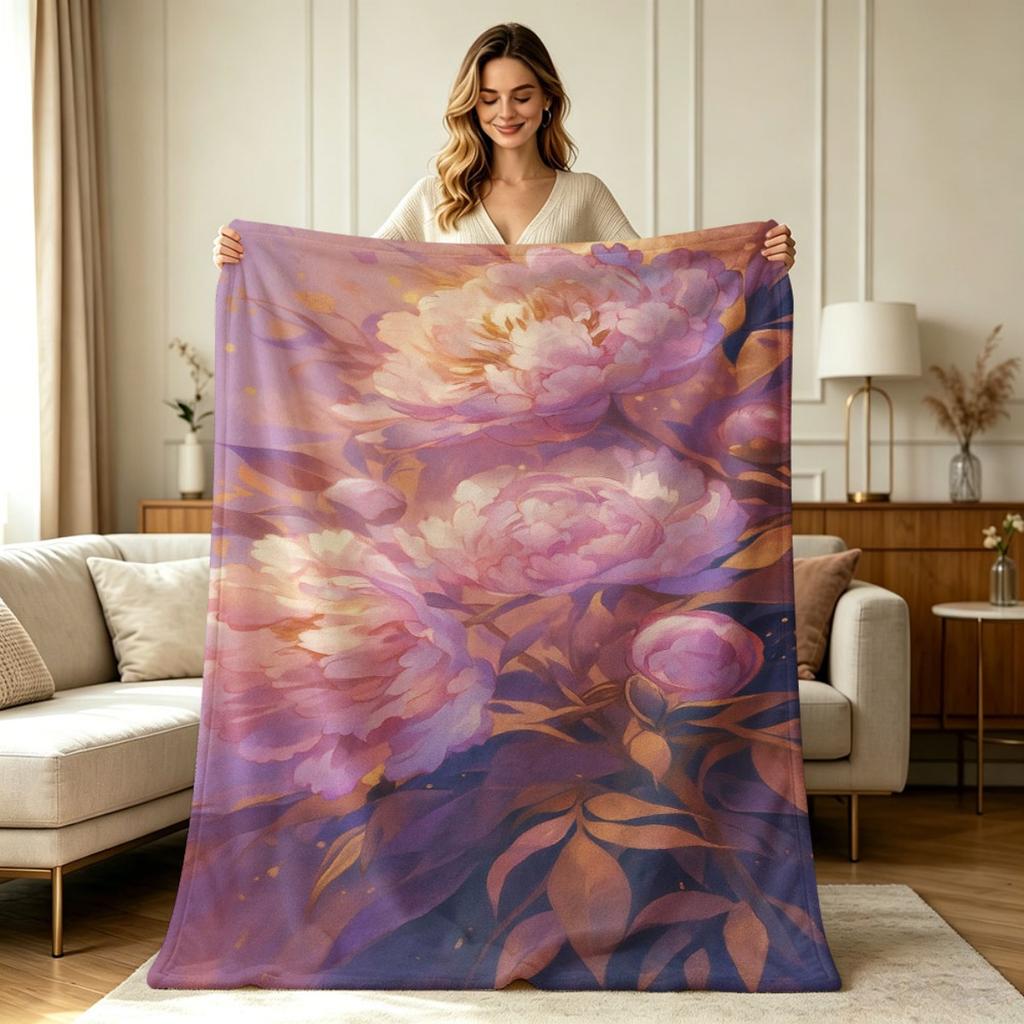 Soft Warm Flannel Blanket with Dreamy Peony Floral Print All Season Lightweight Cozy Throw Blanket for Sofa Couch Bedroom Living Room Office Home Deco