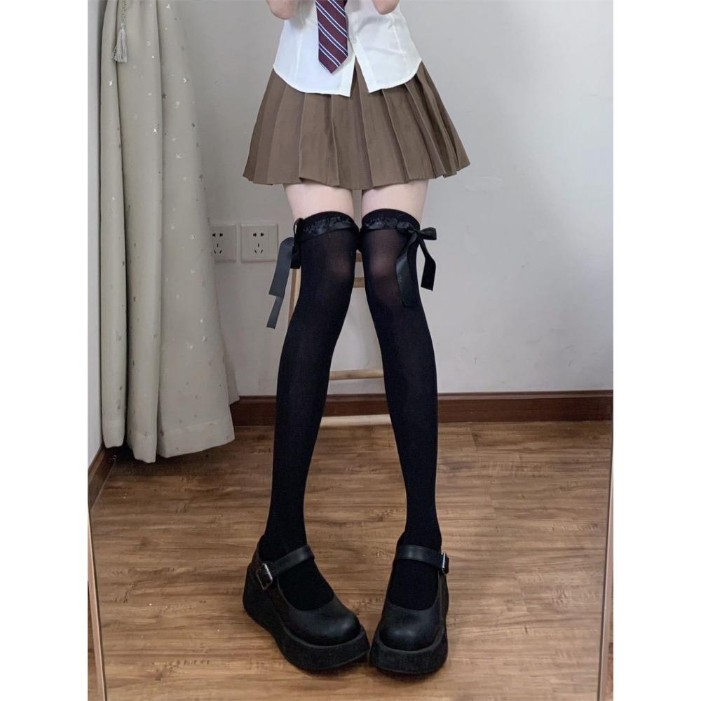 Lace Bow Over Knee Sweet Girl Pure Desire Wind Xiaohongshu Satin Lace Tall Socks Butterfly Ribbon