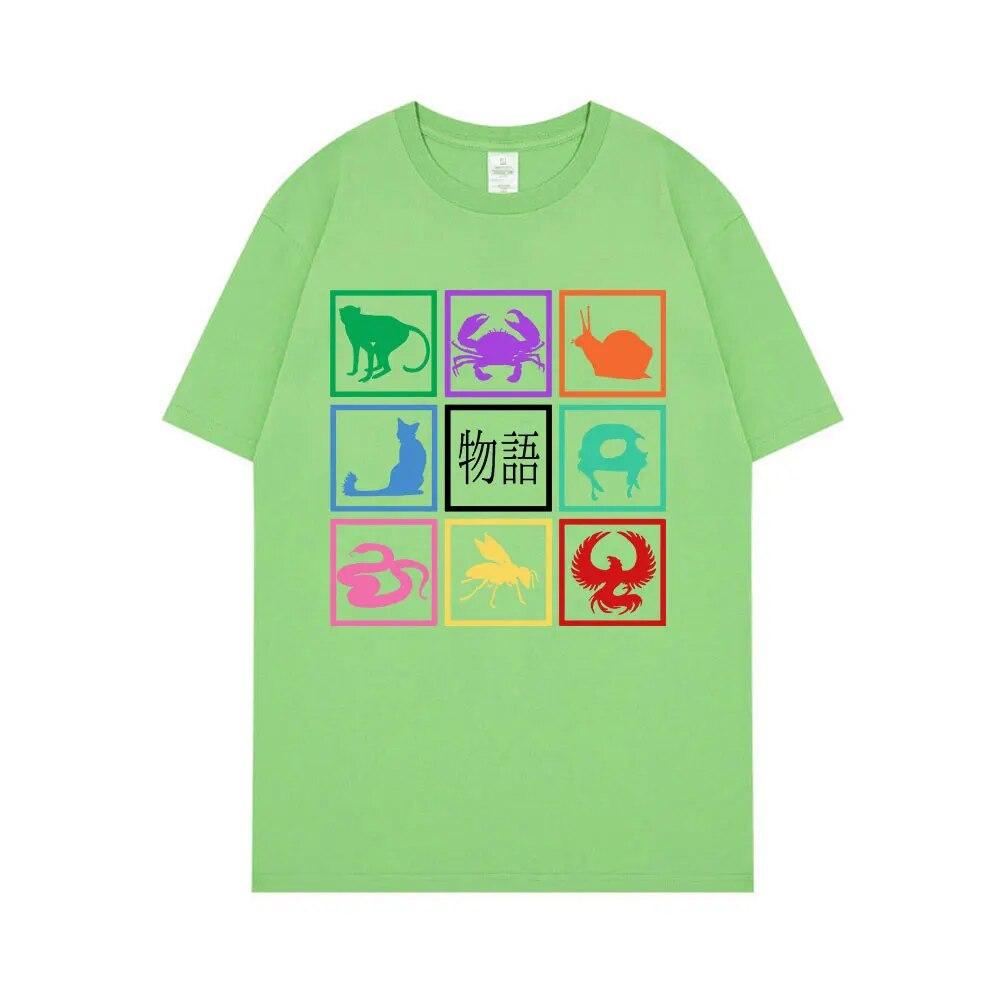 Japanische Manga Monogatari Serie Grafikdruck Schwarzes T-Shirt Unisex Damen Übergroßes T-Shirt Kleidung Lustiges Harajuku Streetwear Top