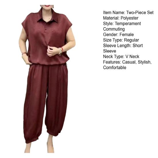 Women's Loose Two-Piece Outfit Lapel V Neck Short Sleeve Top Long Pants Set Summer Casual Lounge Suit