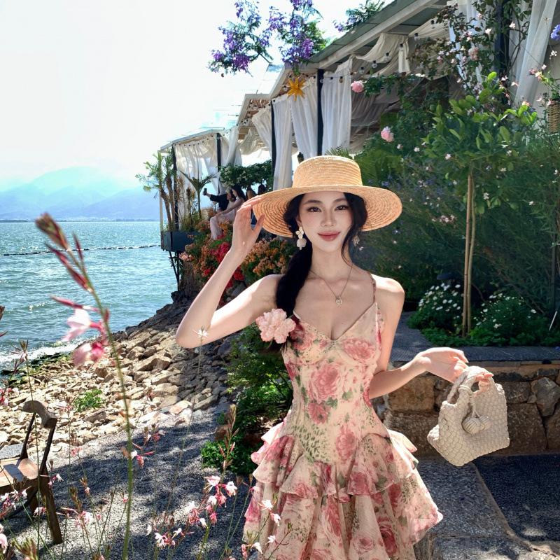 Seaside Wear French Gentle Pink Floral Suspender Dress Women's Summer Waist Thin Lotus Leaf Edge A-word Skirt