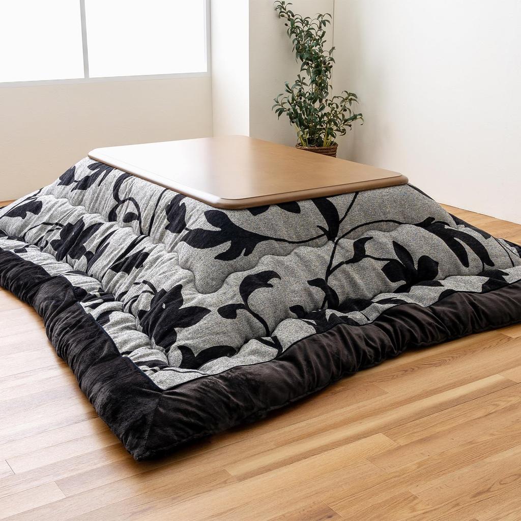 Ikehiko Kotatsu Bettdecke, dick, quadratisch, Lucio, Grau, 205 x 205 cm, waschbar, Blattmuster, elegant, schick, Chenille, gewebt, ungleichmäßige Haptik, Toray-Mashlon-Füllung, warm