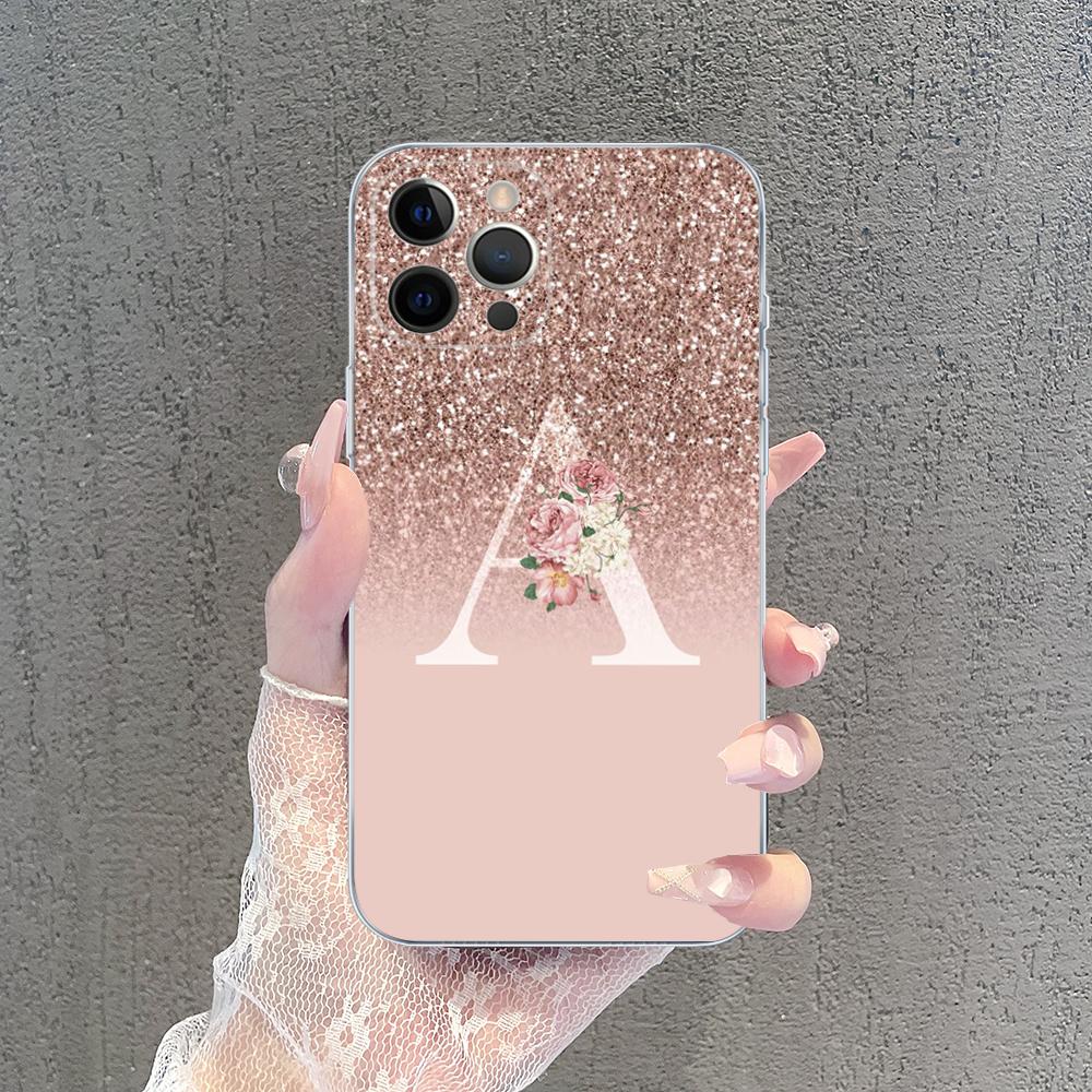 Letter Pink Shiny M R Clear Phone Case For IPhone 15 14 13 12 Mini 11 Pro XS Max X XR SE 6 7 8 Plus Soft Silicone Cover