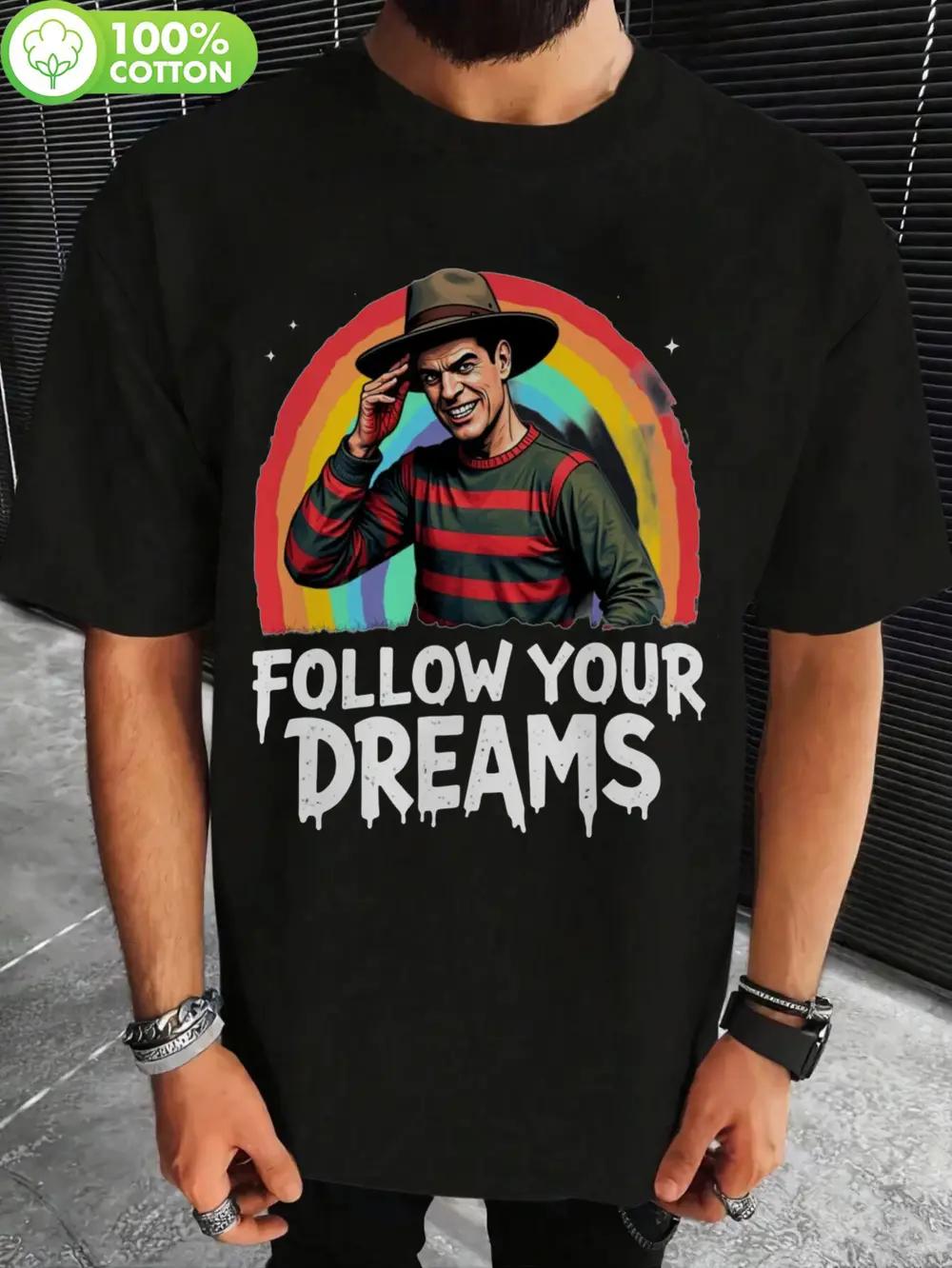 

Freddy Krueger Follow Your Dreams Horror Movie Graphic T-shirt - 100% Cotton Vintage Crew Neck Short Sleeve Black Tee with Colorful Design XXL
