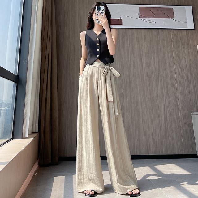 Womens Casual Wide Leg Pants With White Strap Design For Summer Comfort