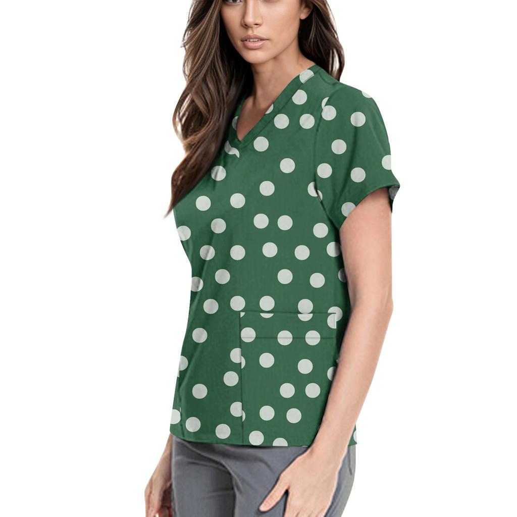 Women's Cute Printed Work Clothes V-neck Double Layer Pockets Basic Short Sleeve Top Pullover Valentines