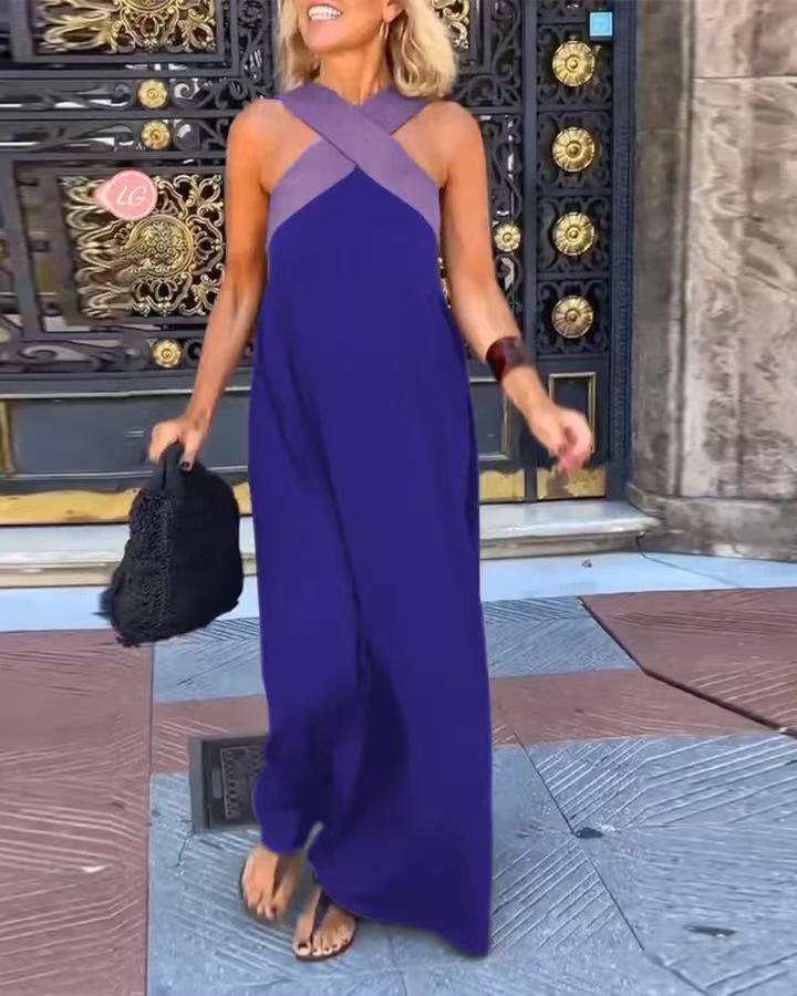 2026 Cross-Border European American Fashion Patchwork Strapless Halterneck Vacation Dress